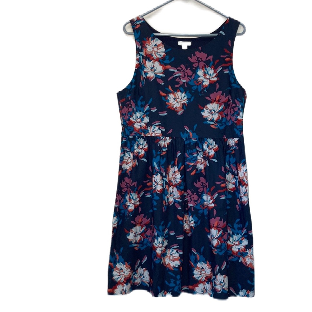 Garnet Hill Navy Floral Summer Pleated Cotton Dress Size 14